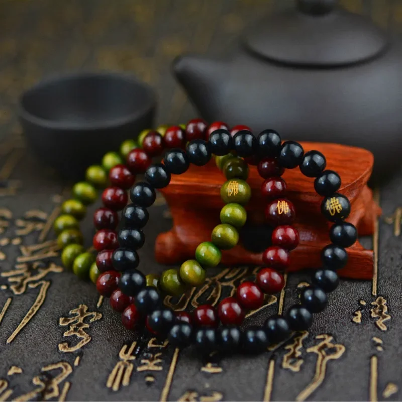 Red/Green/Black Sandalwood 8mm Carved Buddha Dumpy Buddha Bracelet bangle Handmade Classical Lucky Beaded Bracelet