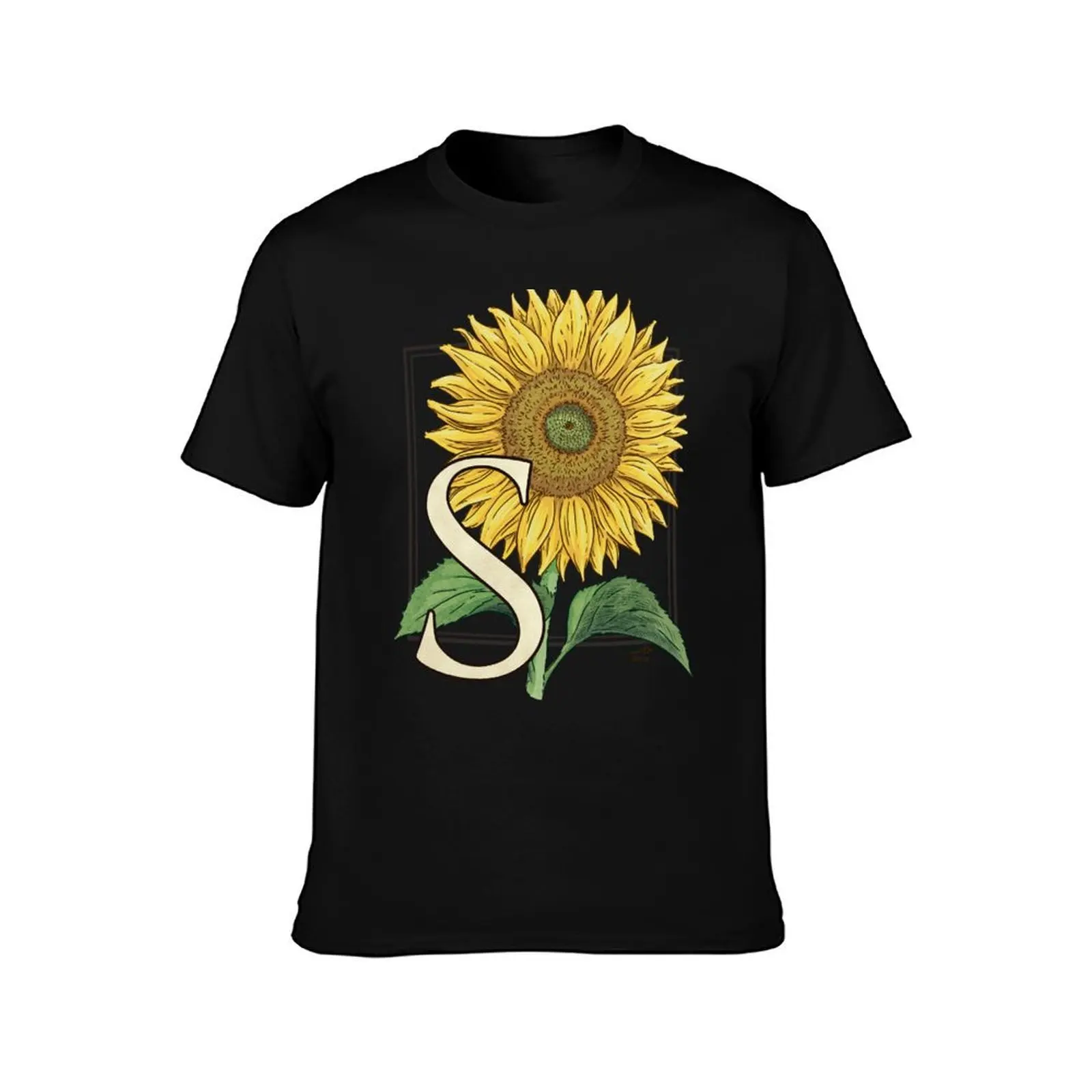 S is for Sunflower - floating T-Shirt, Summer Casual Cotton Tee, Oversized Streetwear Tops, Vintage Graphic Print, 100% Cotton