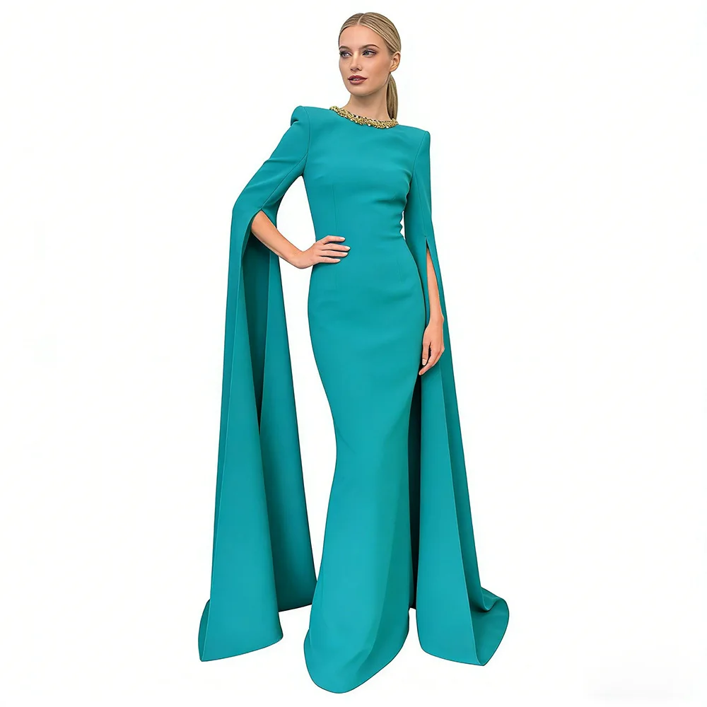 

Elegant Emerald Green Cape Sleeve Evening Dress Gold Beaded Neckline Formal Party Gown Dubai Arabic Floor Length Robe De Soiree