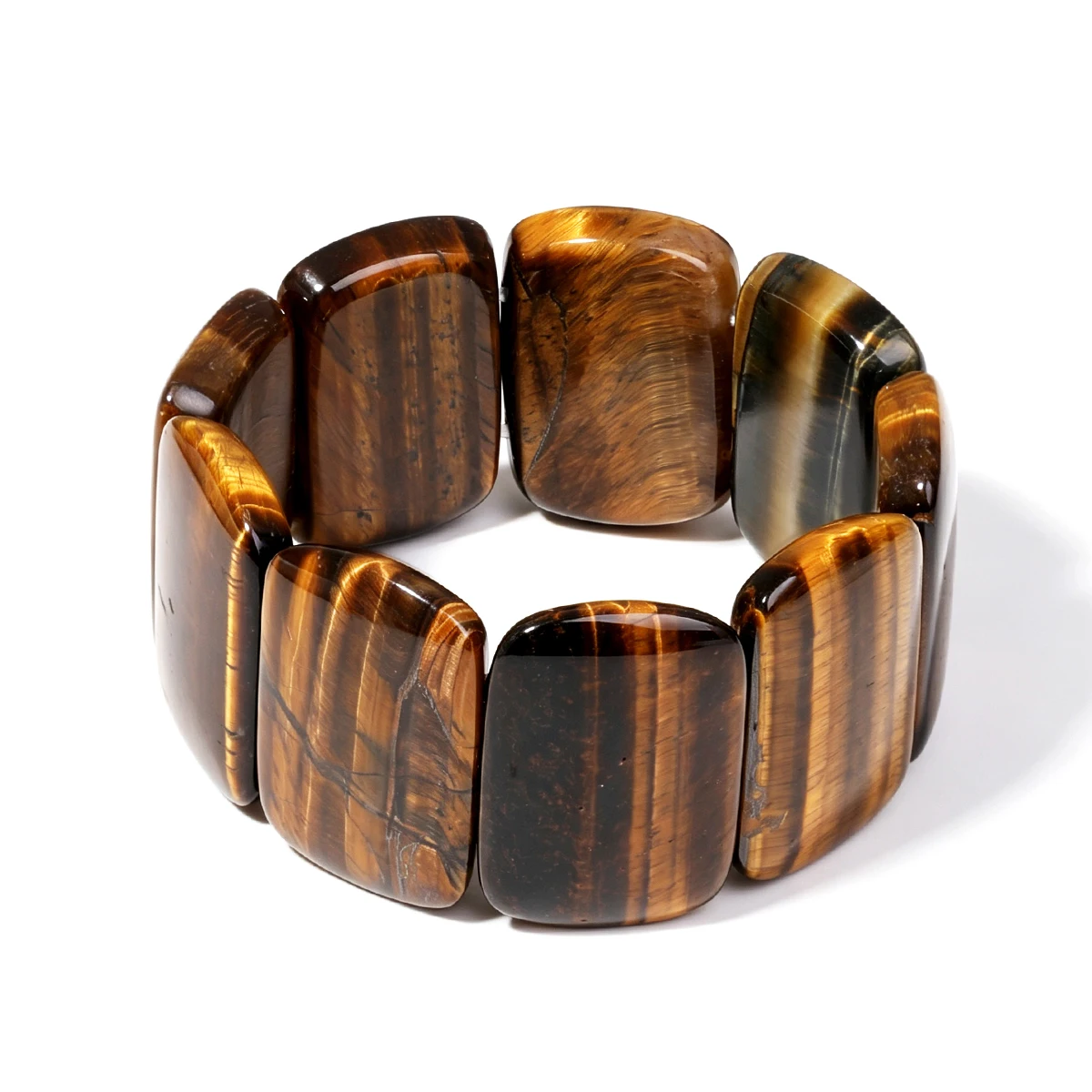 Natural Tiger Eye Bracelet for Men 23mm Wide Tile Bead Stretch Wristband Chatoyant Stone Bangle Jewelry Gift