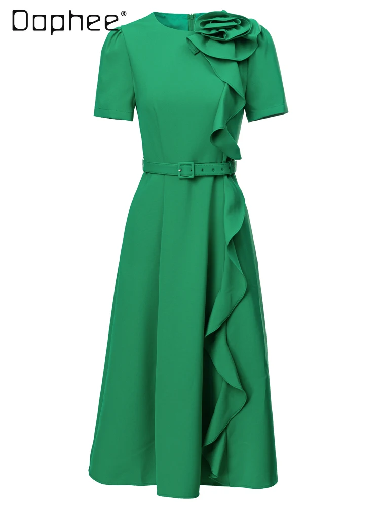 

High-End Elegant Professional Suit Dress Summer New Three-Dimensional Floral French Slim Mid-Length Short Sleeve Dress for Women