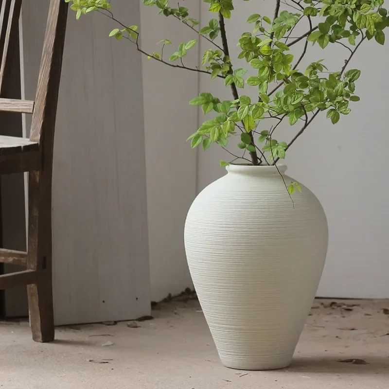 Large Floor to Ceiling Ceramic Vase Beige Wabi Sabi Coarse Pottery Jar for Dried Flowers Simple Living Room Home Decor New