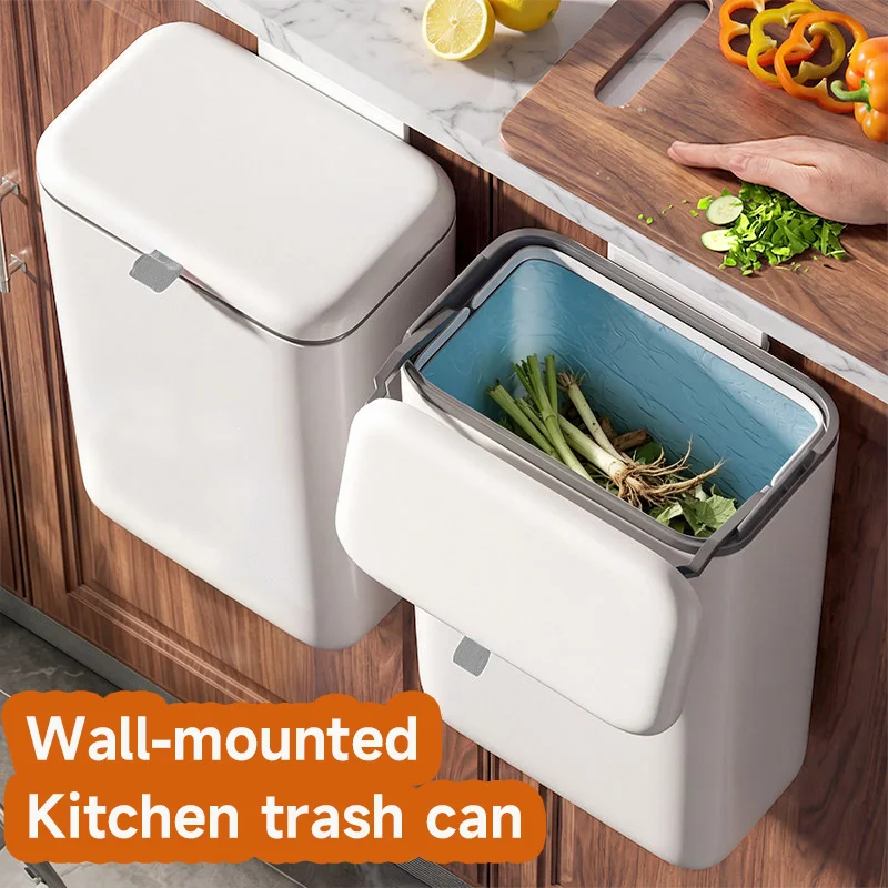 Kitchen Trash Can with Lid, Hanging Under Sink Waste Bin for Cabinet Door, Space-Saving, No Drilling, Large Capacity, Odor-Proof