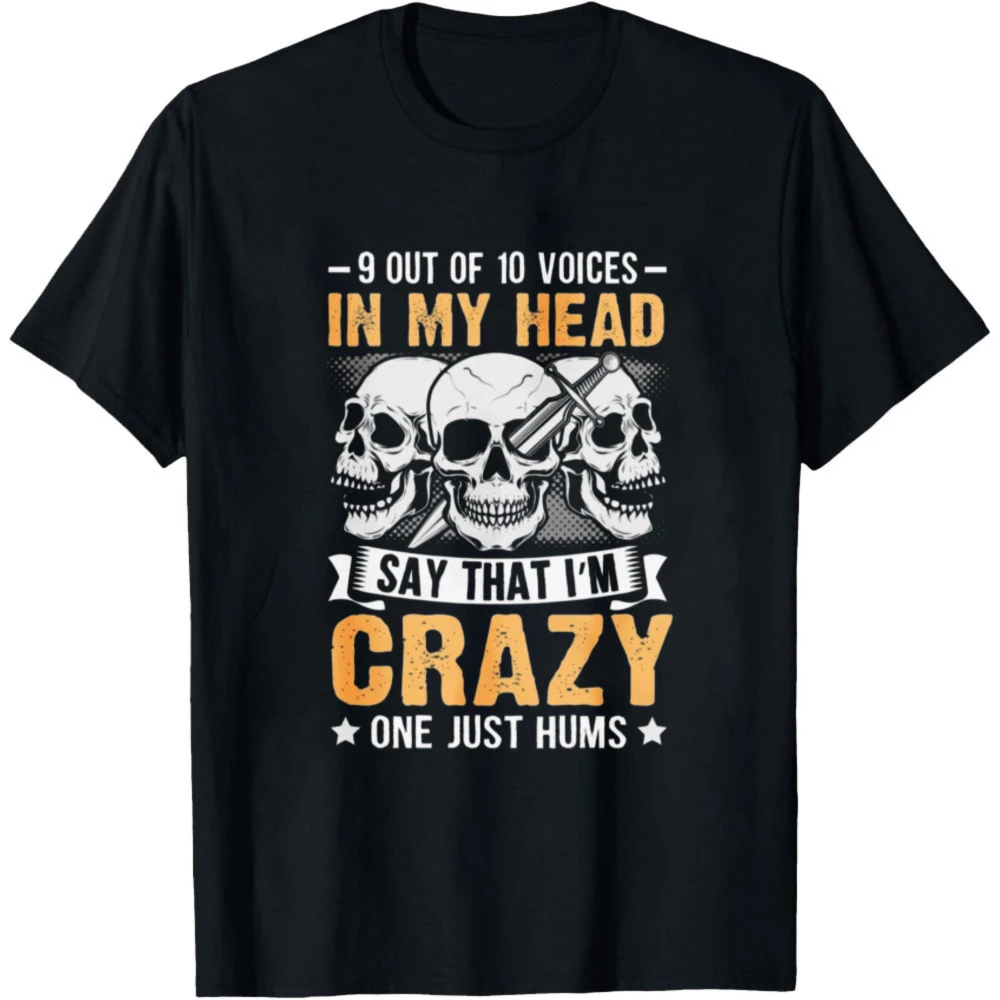 9 Out of 10 Voices in My Head Say I'm Crazy Skull Graphic T Shirt Vintage Distressed Gothic Punk Slogan Print Short Sleeve Tees