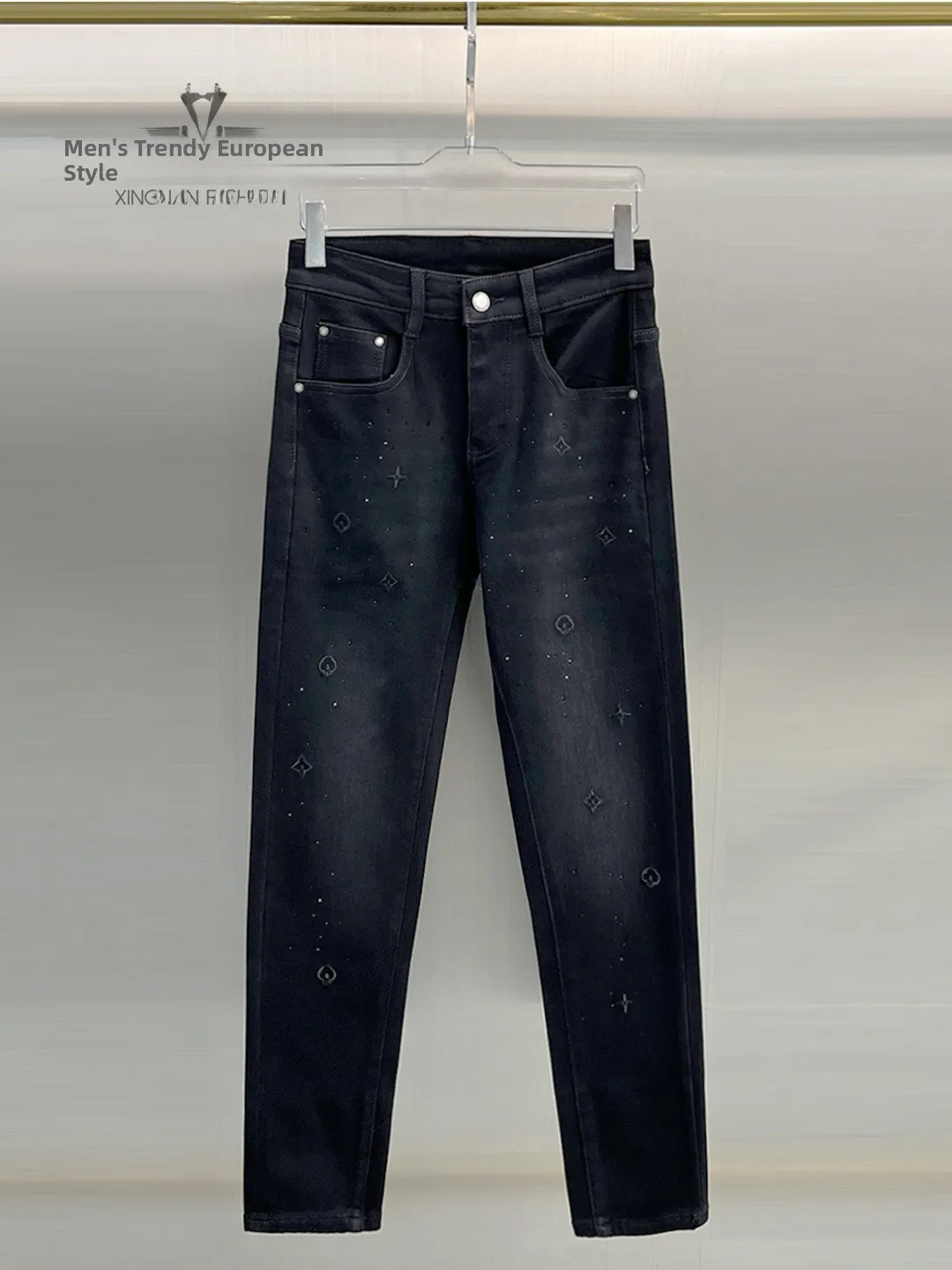 

Men's Embroidered Rhinestone Fce Lined Slim Fit Jeans Sli Winter Casual Trousers Youthful Trendy hine Waable