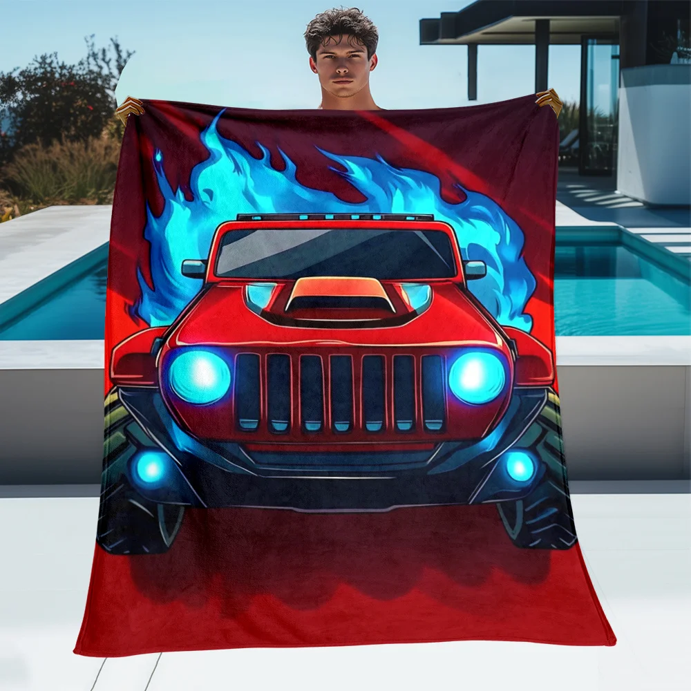 Red offroad truck with blue flames flannel blanket car enthusiast design bold graphic soft blanket for men boys bedroom decor