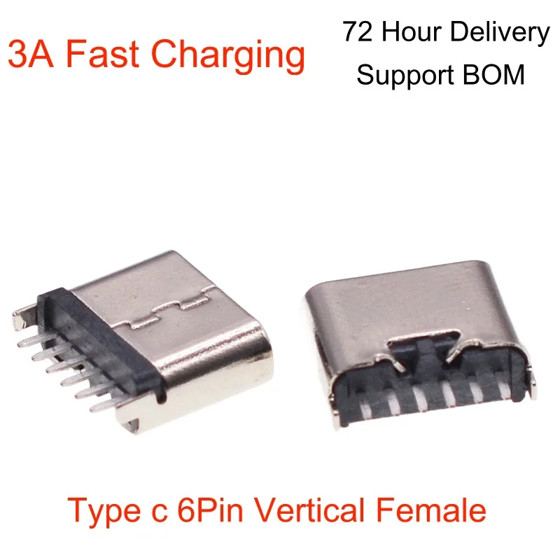 USB 3.1 Connector Type C 6PIN Female Socket Vertical 3A High Current Fast Charging For Electric Toys, Headphone Char