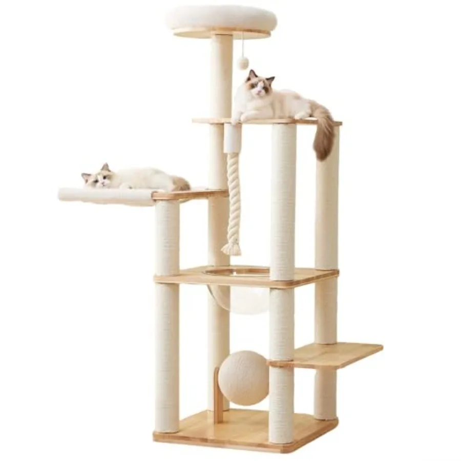 

60-inch Modern Cat Tree with Solid Wood Construction Natural Finish Multiple Scratching Surfaces Hammock Cotton Nest Space Caps