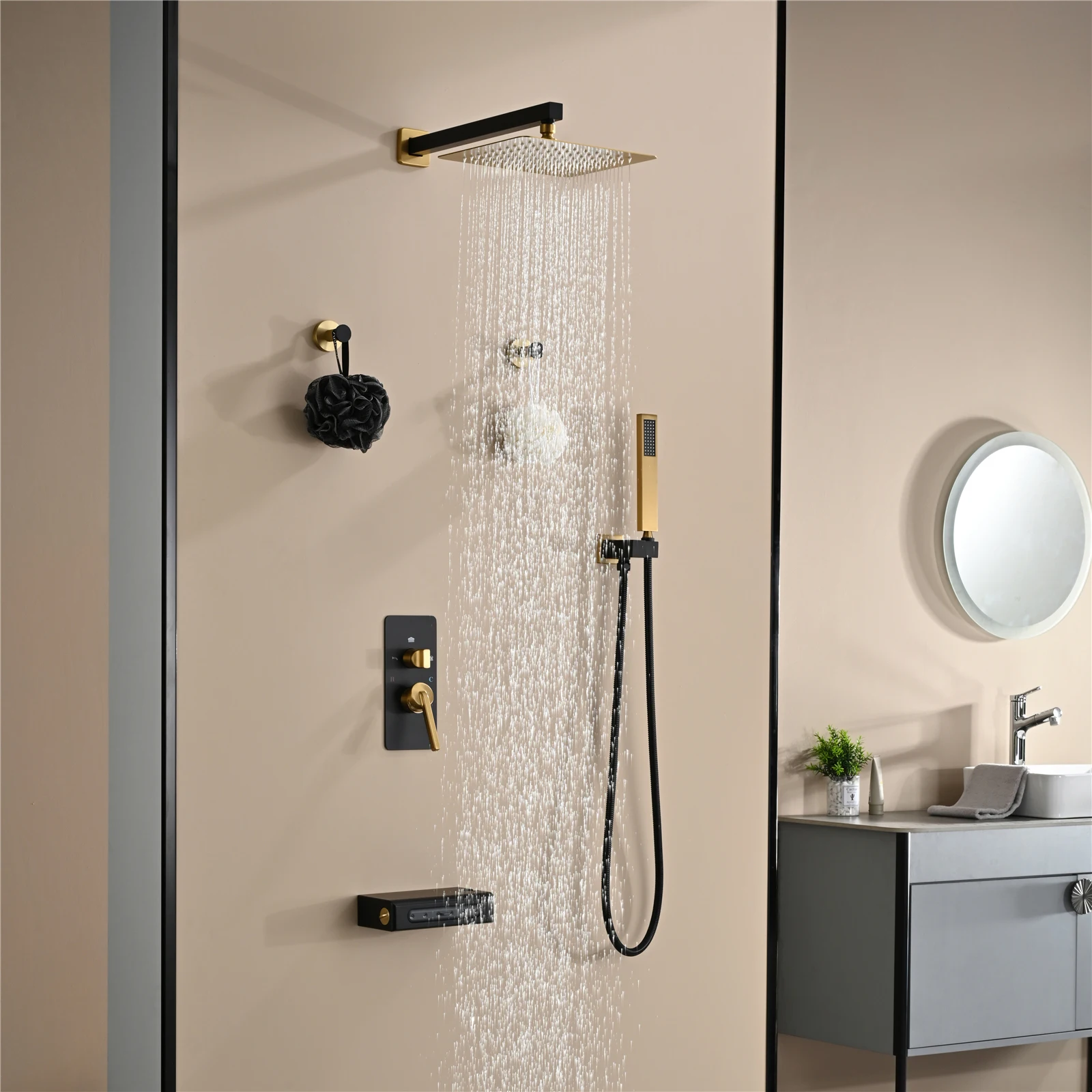 

Qlonn Matte Black & Brushed Gold Bathroom Shower System 10 Inch Rainfall Head Hot Cold Shower Mixer Set & Body Jet Handheld Rain