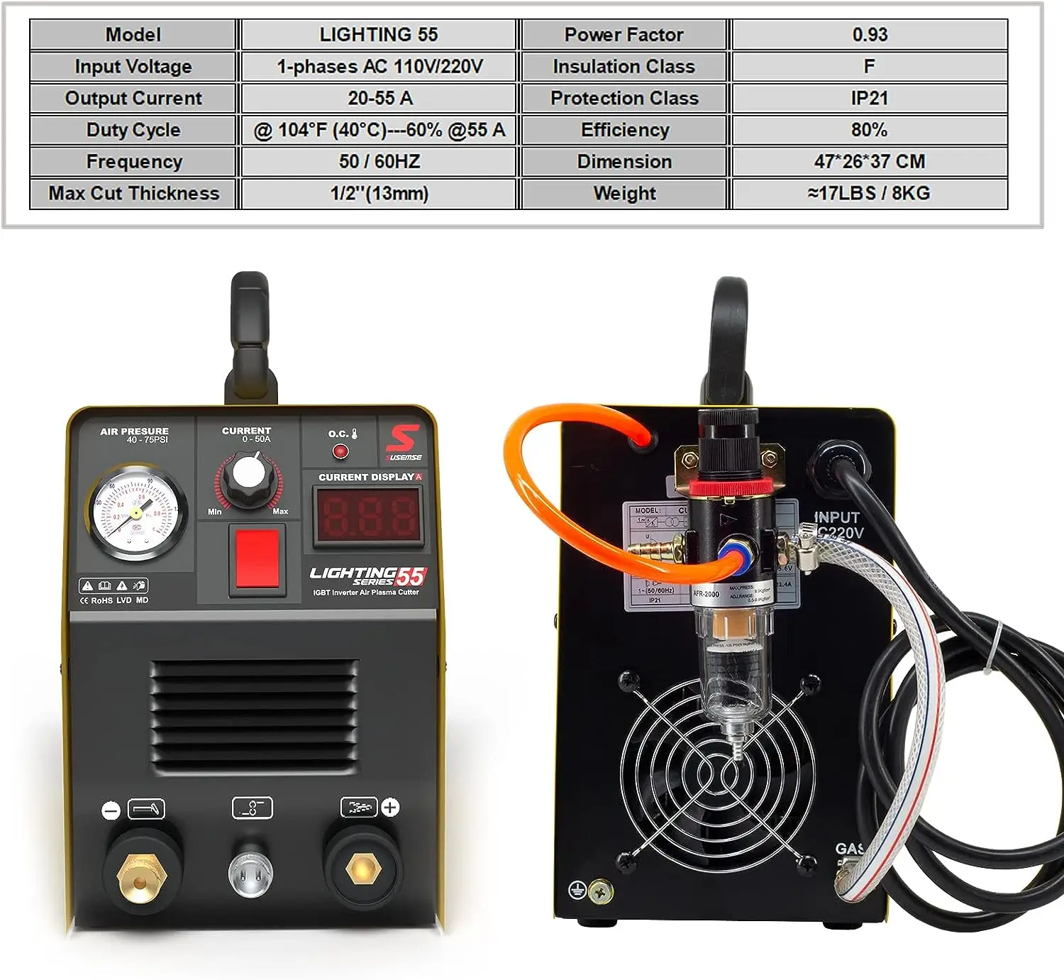 SUSEMSE Plasma Cutter 55 Amp HF IGBT Inverter Portable Air Plasma Cutting Machine with Accessories 12MM Clean Cut for Metal