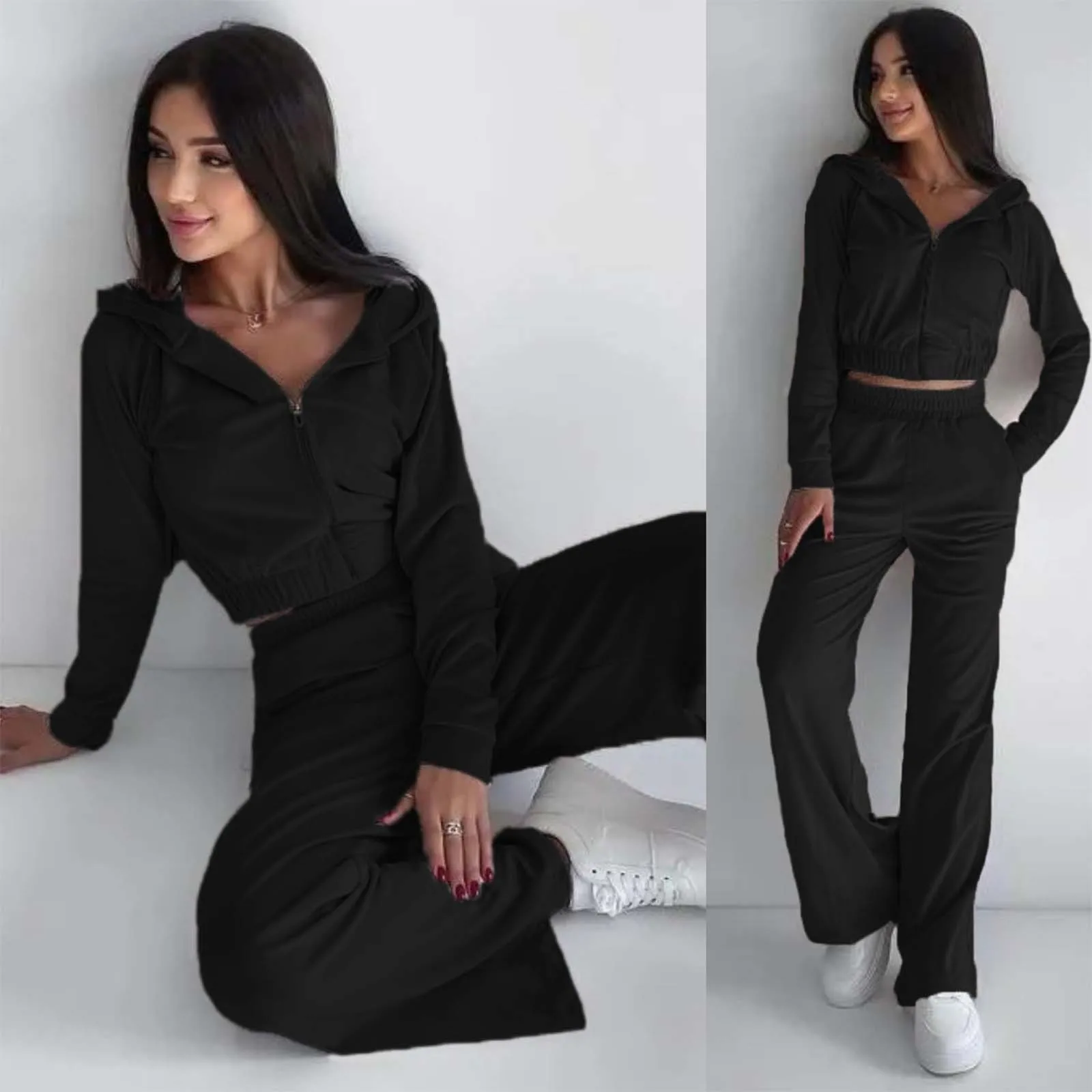 2-piece Set Of Women Cotton Long Sleeved Hooded Sportswear With Waisted Elastic Short Top Loose Pants Two Piece Set For Women