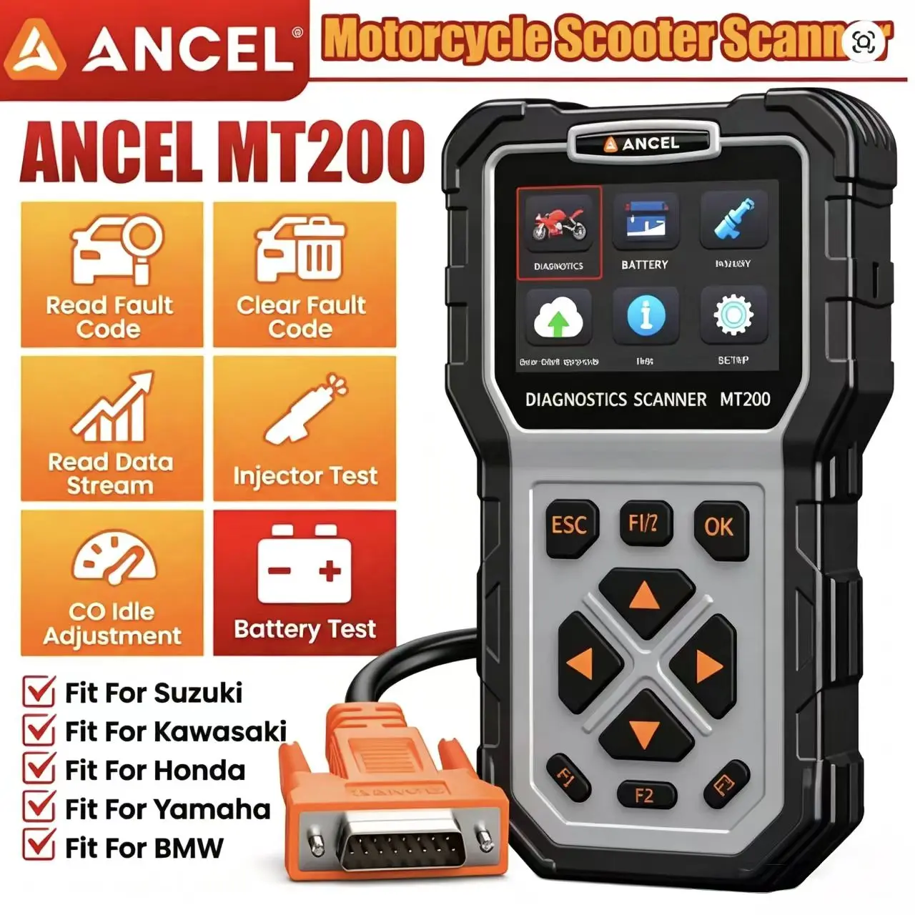 ANCEL MT200 Motorfiets OBD2 Codelezer Alle Systeemdiagnoses Batterij & Injector Tester Scantool voor Motorfiets Scooter - afbeelding 2