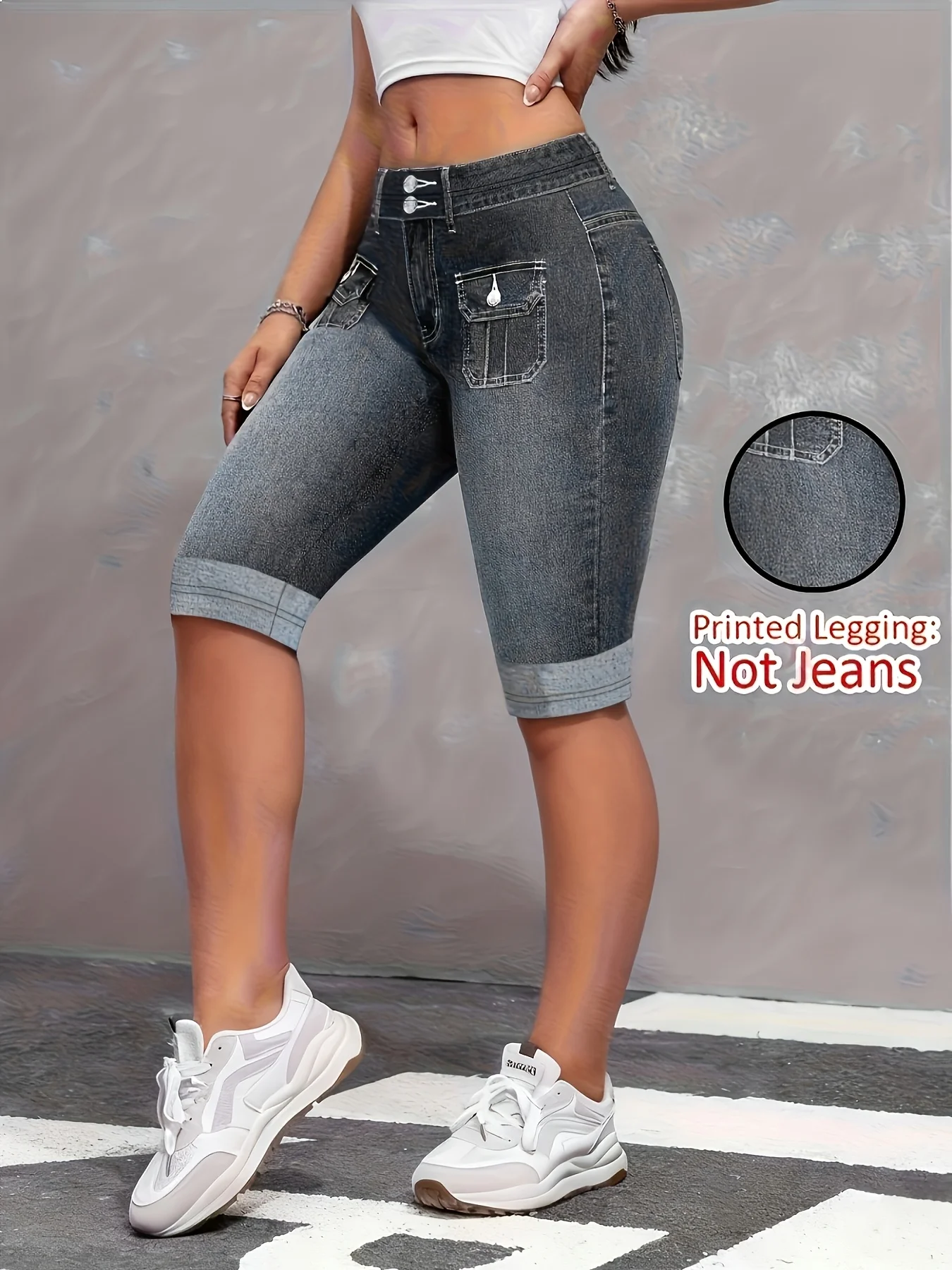 Women's non-denim faux denim printed capri leggings, non-denim casual skinny pants, outdoor sports yoga pants, soft and skin-fri