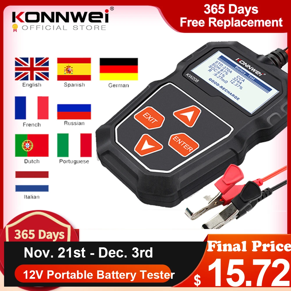 KONNWEI KW208 Car Battery Tester 12V 100 to 2000CCA  Cranking Charging Circut Tester Battery Analyzer  12 Volts Battery Tools