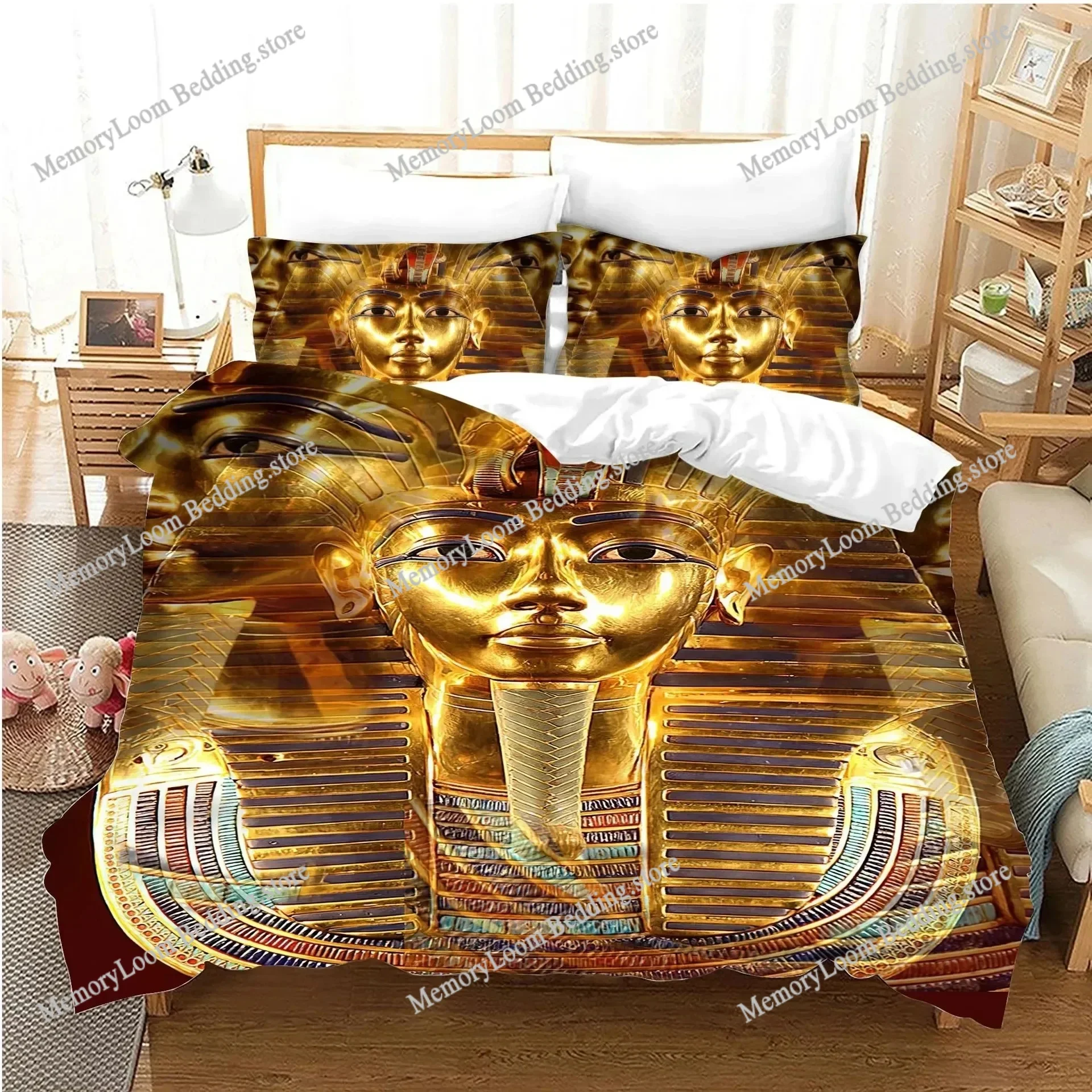 Pharaoh Bedding Sets,King Size 3D Ancient Egypt Tribe Decor Comforter Cover Set for Adult Egyptian Pyramid Polyester Duvet Cover
