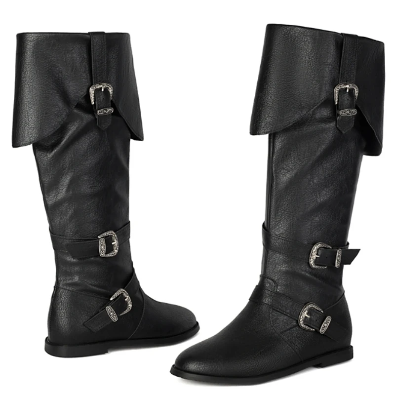 

Винтажные черные сапоги до колена, женские повседневные ботинки вестерн с пряжкой, обувь унисекс на плоской подошве из искусственной кожи, большой размер 45, 48