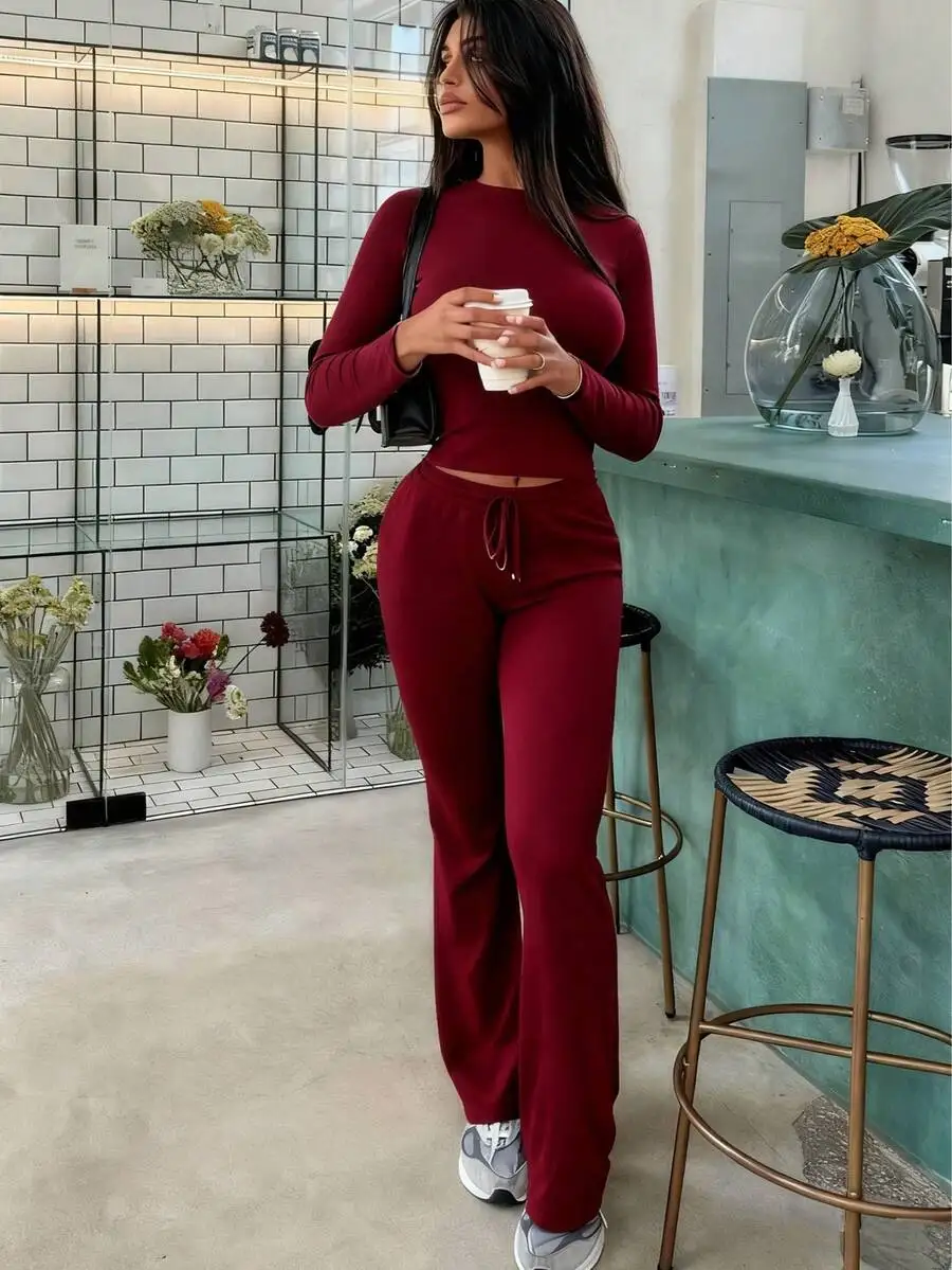 

Women Two Piece Set Long Sleeve Top And Wide Leg Pants Lounge Gym Activewear