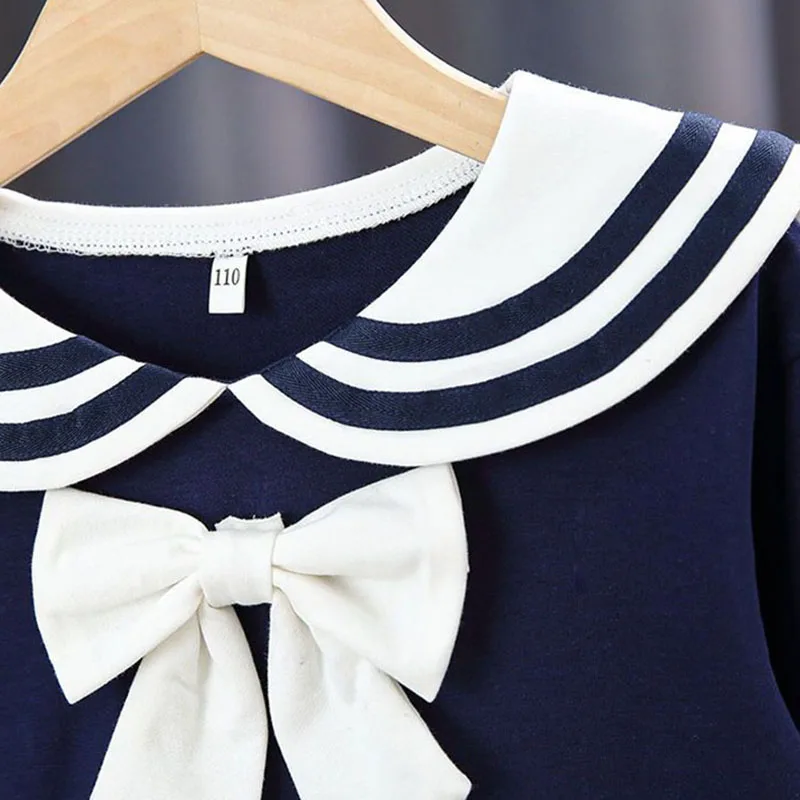 Kids Girls Tops Spring Autumn Cotton Navy Collar Bow Hoodies for Teenager Girls Casual Loose Hooded Sweater Children\'s Clothing