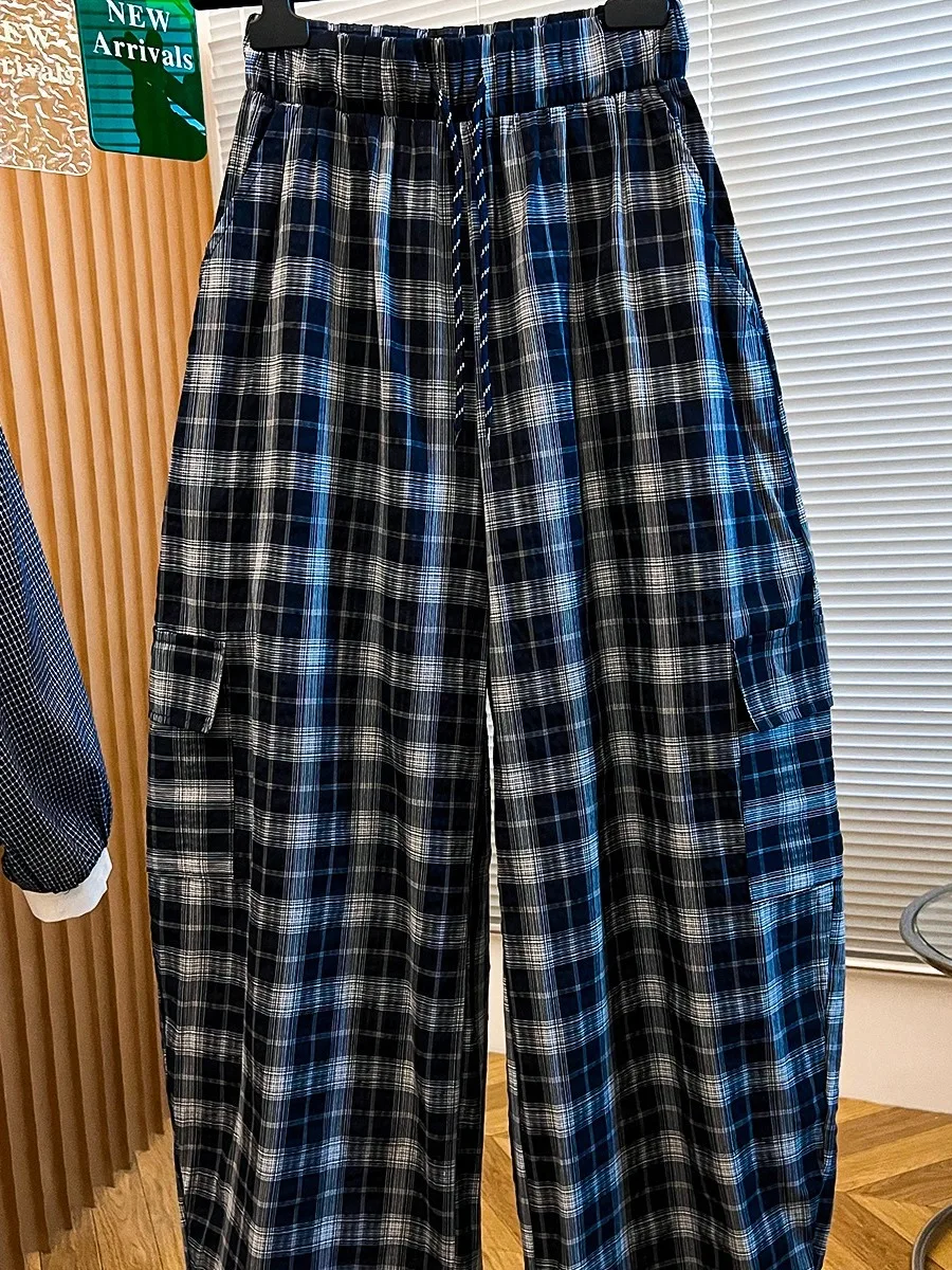 Faionable Plaid Wide Leg Pants Women's Autumn Loose Waist plus Size Trendy Agel Knife  Dstring Casual Trousers