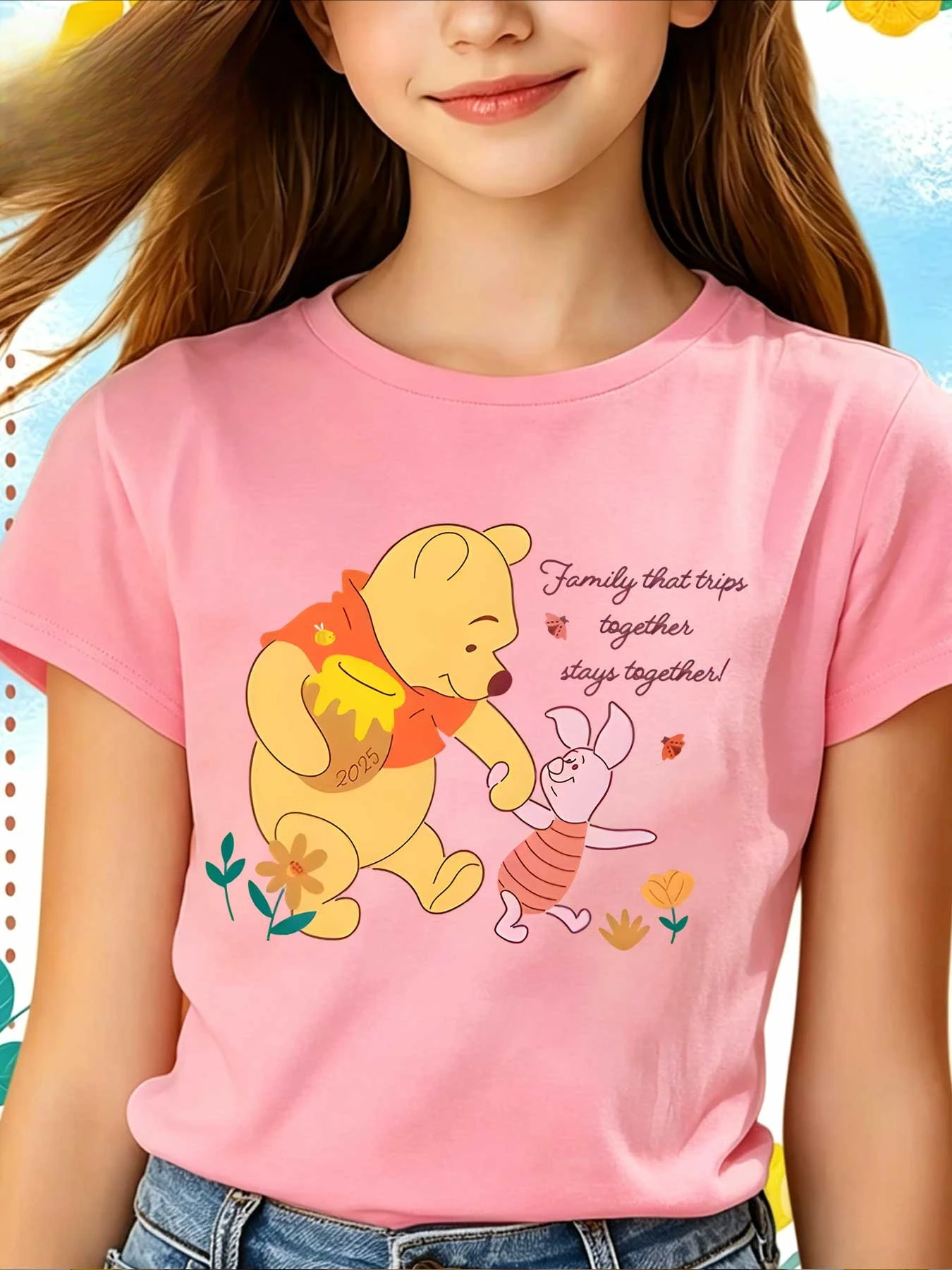 2026  Winnie the Pooh and Piglet holding hands short-sleeved loose-fitting summer T-shirt for girls