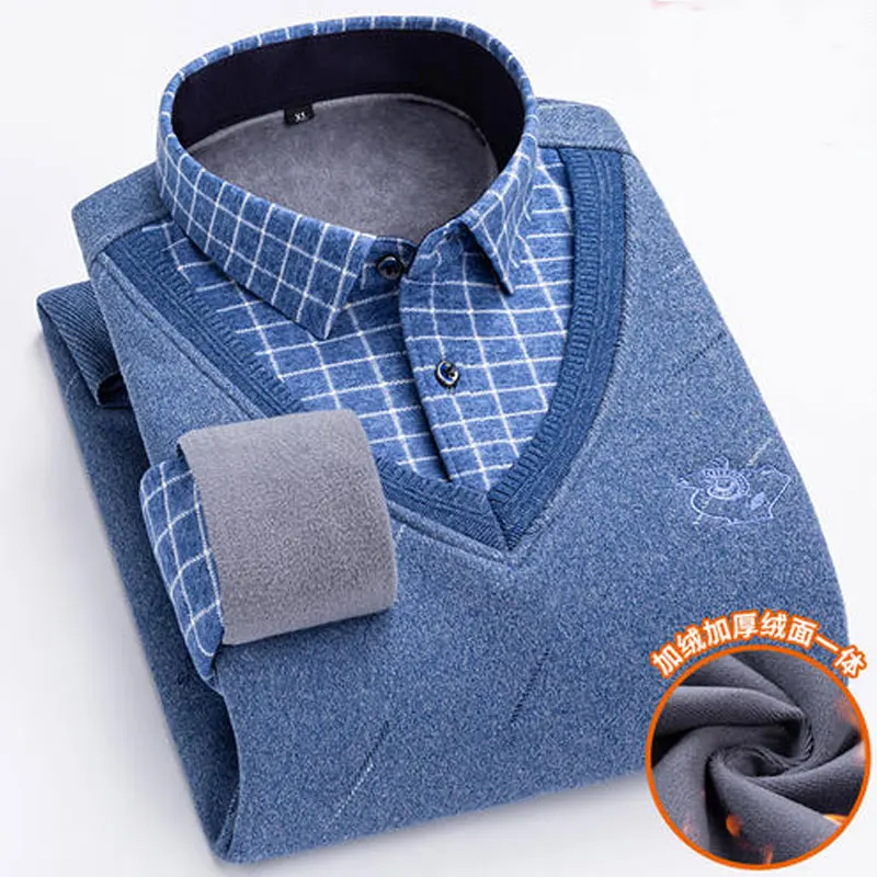 Autumn and winter men\'s long-sleeved shirts fake two-piece plus velvet casual no-iron slim business social high quality