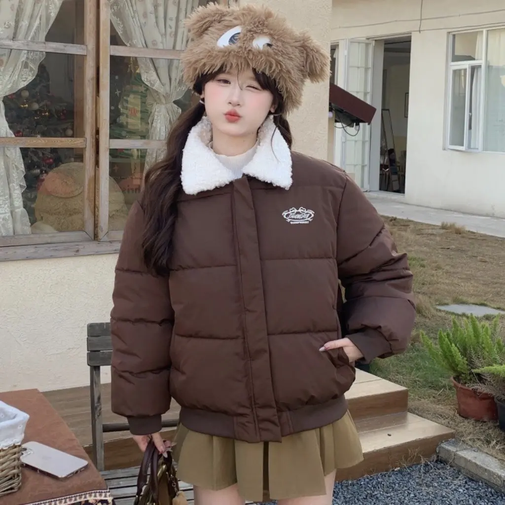 

Новая хлопковая куртка в японском стиле в стиле ретро с воротником ягненка, осенне-зимнее пуховое короткое пальто, хлопковая куртка на утином пуху для колледжа