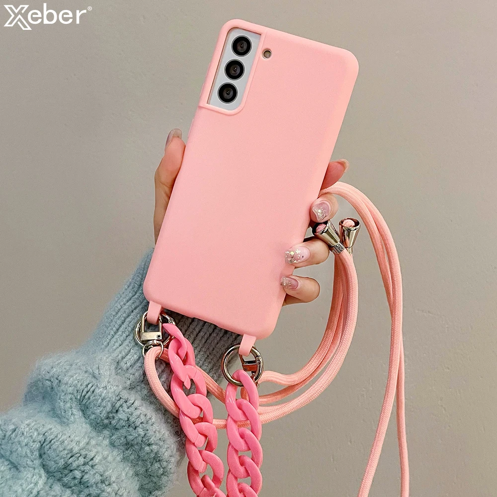 Crossbody Lanyard Acrylic Bracelet Silicone Soft Case For Samsung S24 Ultra S23 Plus S22 S21 Candy Necklace Shoulder Strap Cover