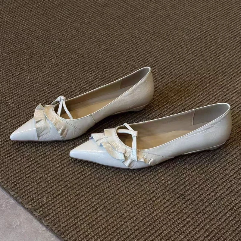 

Элегантные кожаные туфли Мэри Джейн на низком каблуке с оборками, женские модные синие модельные туфли на каблуке с острым носком во французском стиле