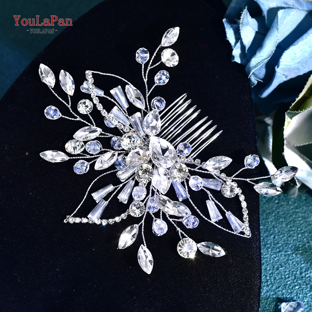 YouLaPan-peineta de cristal hecha a mano, cadena de diamantes de imitación con forma de hoja, peine lateral para boda, diadema, tocados de novia, accesorios HP831