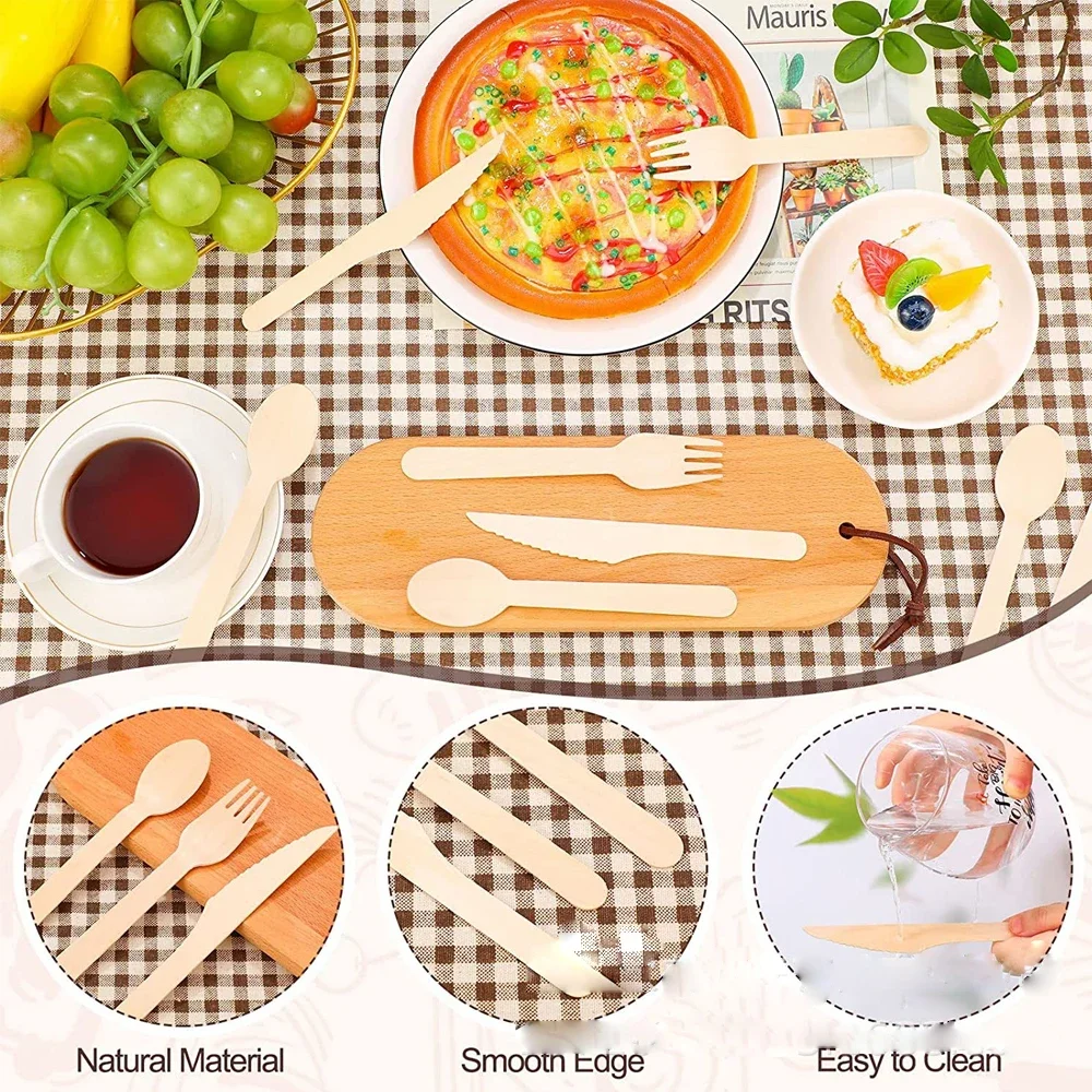 Disposable Wooden Spoon Fork Knife Cutlery Set Rustic Wedding Birthday Party Tableware Decoration Supplies Dessert Cake Scoop