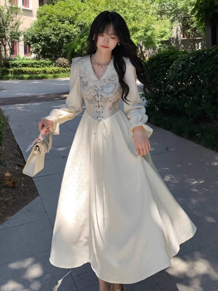 フレンチエレガントなレースウエディングドレスの女性の秋長袖スリム A ライン Vestidos ヴィンテージとシックなイブニングパーティードレス Mujer