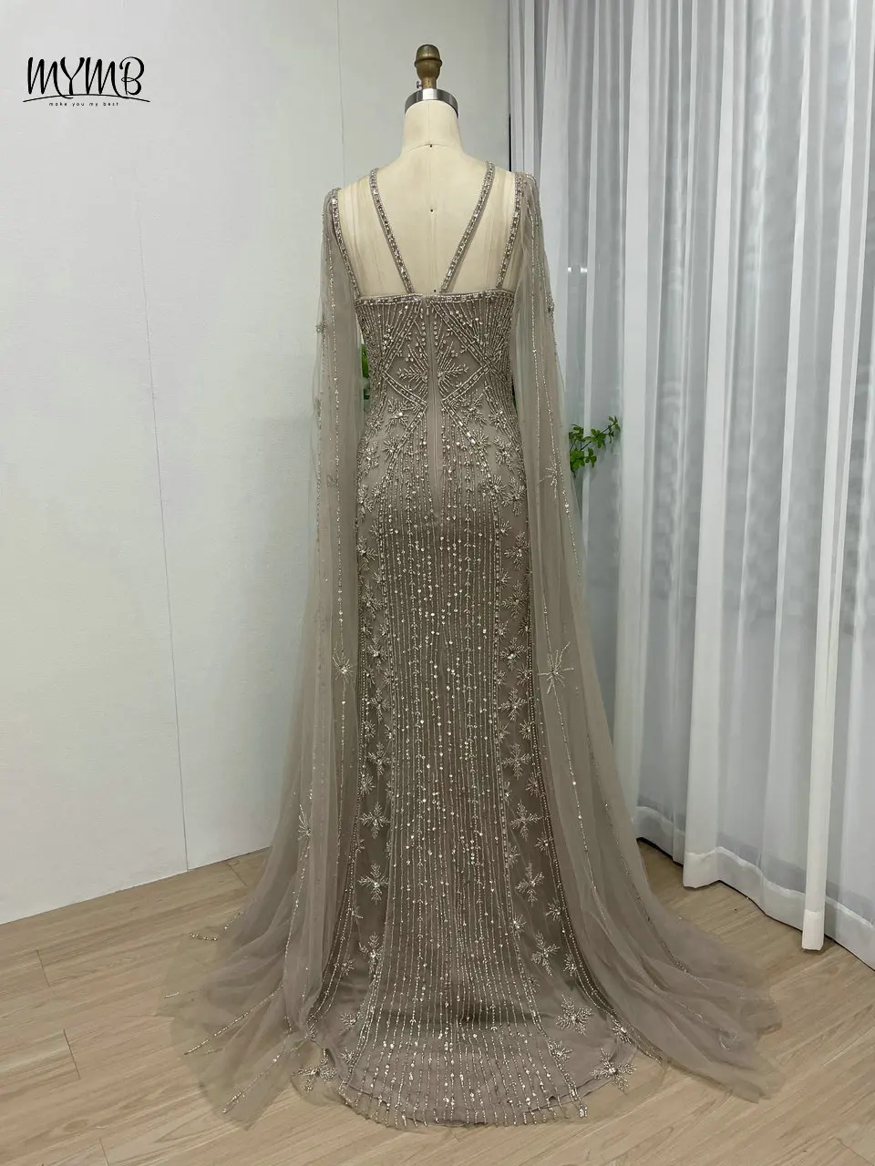 MYMB Gorgerous Dubai Cape Sleeves Mermaid Wedding Guest Gowns Arabic Luxury Caramel Beaded Evening Dresses vestidos de gala 2025