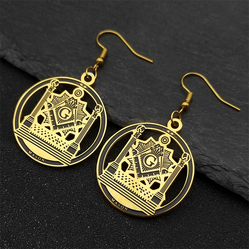 Freemason Symbol G Medal Pendant Dangle Earrings for Women Stainless Steel Gold Silver Color Masonic Freemasonry Earring Jewelry