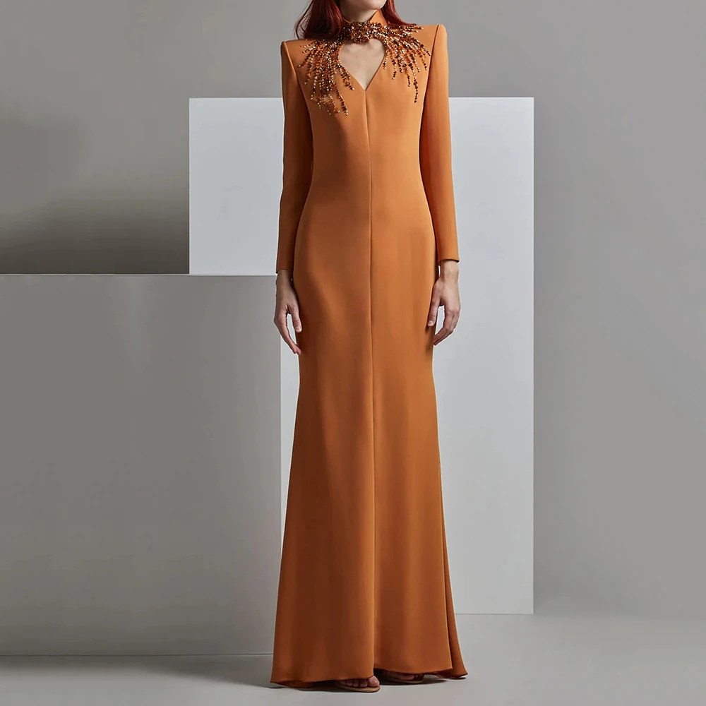 

Women's A-line Evening Dresses Floor-length High-neck Full Sleeve Prom Gown Fashion Crystal Simple Draped Customized Dresses