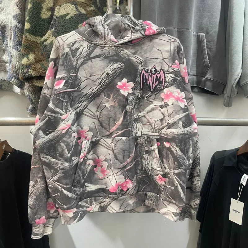 

Retro Cherry Blossom Print Hoodie Sweatirt Men's Fce Lined Casual Loose Fit Autumn Winter Street Sle Cotton Crew Ne
