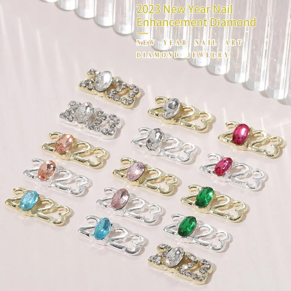 10Pcs/Pack Nail Zircon Diamond New Year's Nail Metal Zircon Drill Decoration The Year 2023 Design Chain Pendant Manicure Jewelry