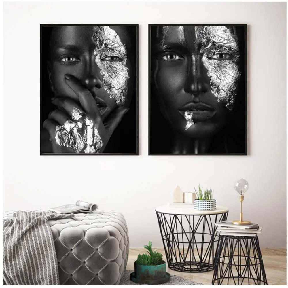 Dark skinned Girl With Silver Make-up Paintings African Art Black Women Oil Painting On Canvas Cuadros Posters For Liiving Room