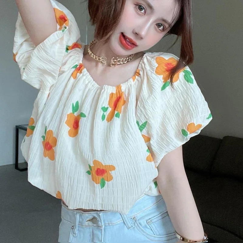 Sexy Floral Loose Short Blouse Summer New Fashion Printing Youth All-match Thin Korean Shirt Tops Elegant Sweet Women Clothing