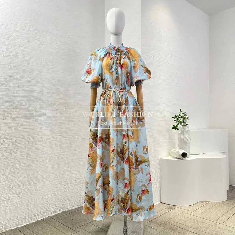 2025년 신상 여름 플로럴 프린트 반팔 빈티지 고급 실크 플리츠 스탠드 칼라 롱 드레스 여성용