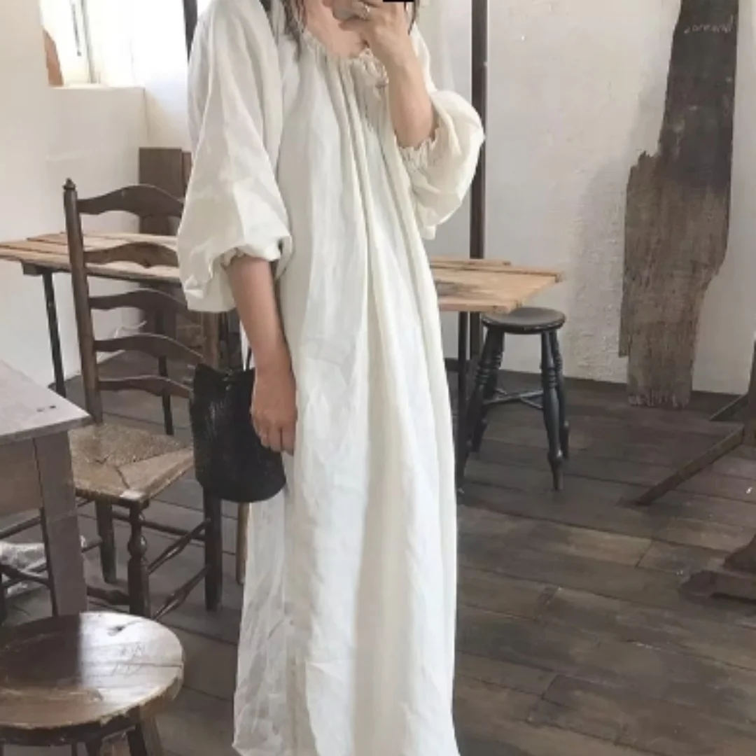 Casual 100% Cotton Dress Women Robes Puff Sleeve O-Neck Loose White Autumn Dress Streetwear Birthday Party Dresses Female Gown