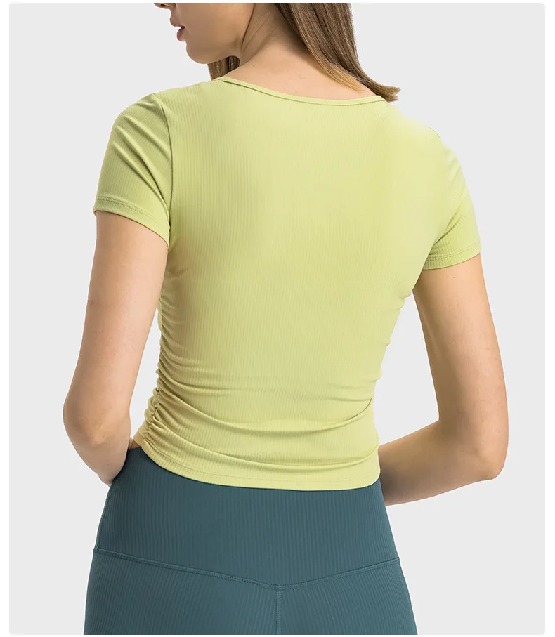 Women's Ribbed High-Stretch Slimming Yoga Top - Sporty Cropped Waist-Cinching Shirt with Subtle Ruched Design for Gym & Running