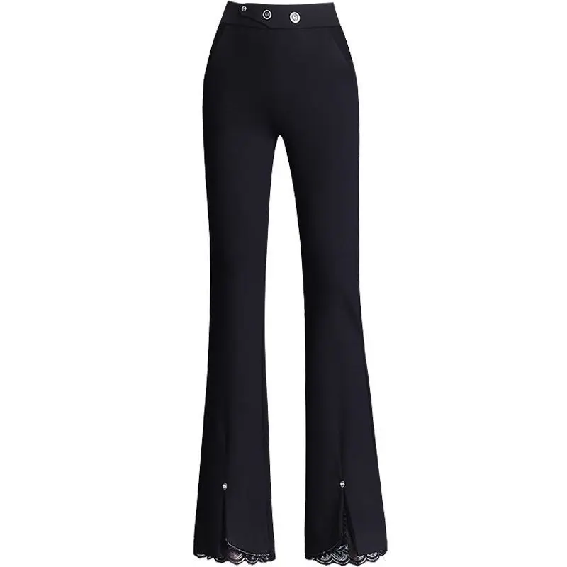 Spring Autumn Women 2022 New Commute Button Elastic Waist Fashion Foot Mouth Splicing Lace Black Pockets Split Straight Trousers