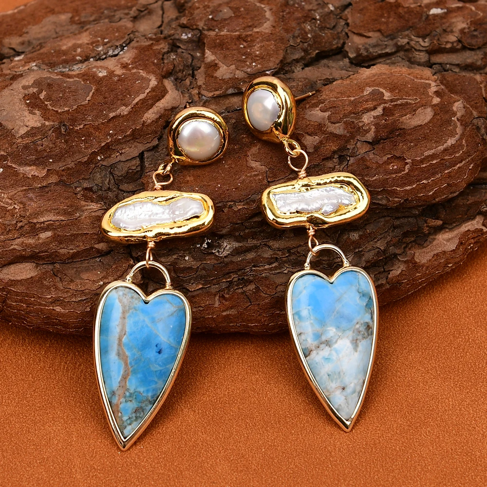 

G-G Gold Plated Natural Blue Apatite Stone Cultured White Keshi Pearl Dangle Earrings White Pearl Stud Handmade For Women