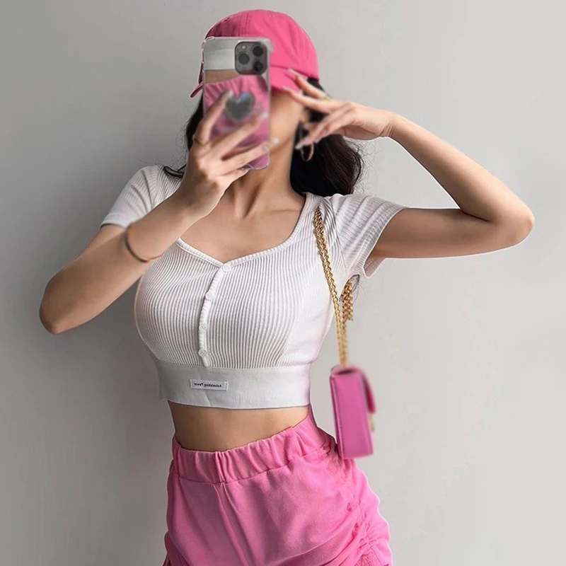 Summer Slim Fit T-shirt Women Short Sleeve  Exposing Belly Short Style Spicy Girl Square Neck Open Shirt Top