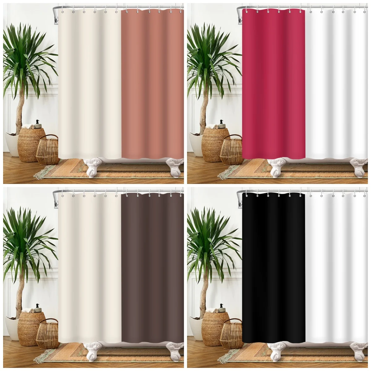 Cortina de Ducha de Dos Tonos, Minimalista, Impermeable, Decoración para Baño, Cortina de Ducha de Color Sólido con Ganchos