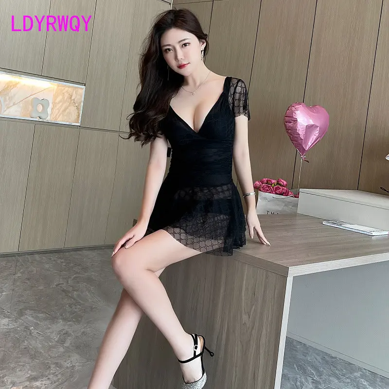 2023 Korean Dress Lace Style Slim Fit Cover Belly V-Neck Short Sleeve Dress