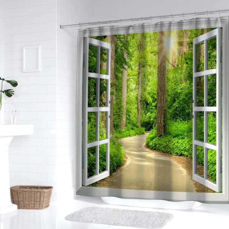 Forest Path Scenery Shower Curtain - Waterproof Polyester with Hooks, Machine Washable, All-Season Bathroom Decor by YWJHUI