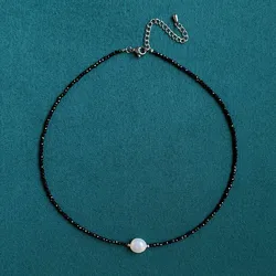 Small Black Obsidian Crystal Necklace for Women Big White Baroque Pearl Charm Natural Freshwater Pearl Choker Collar Minimalist