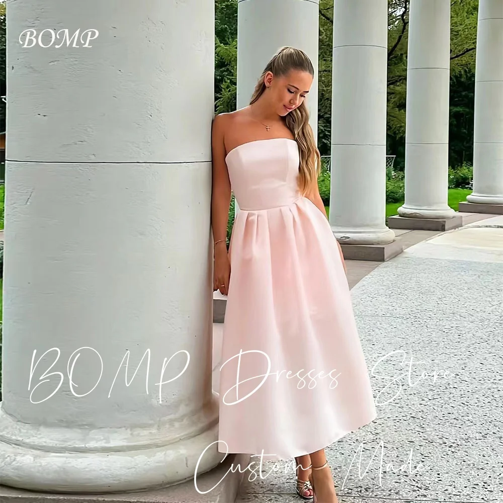 

BOMP Simple Baby Pink Wedding Party Dress Strapless Ankle Length A-Line Silk Taffeta Evening Gown Customized Saudi Arabic