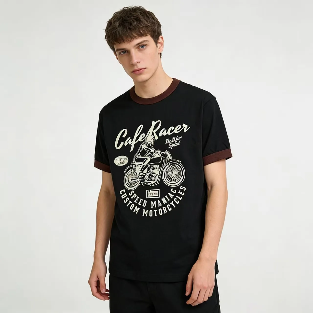 American Retro Motorcycle Print Color Blocked Amikaji T-shirt 200g Round Neck Color Blocked Collar